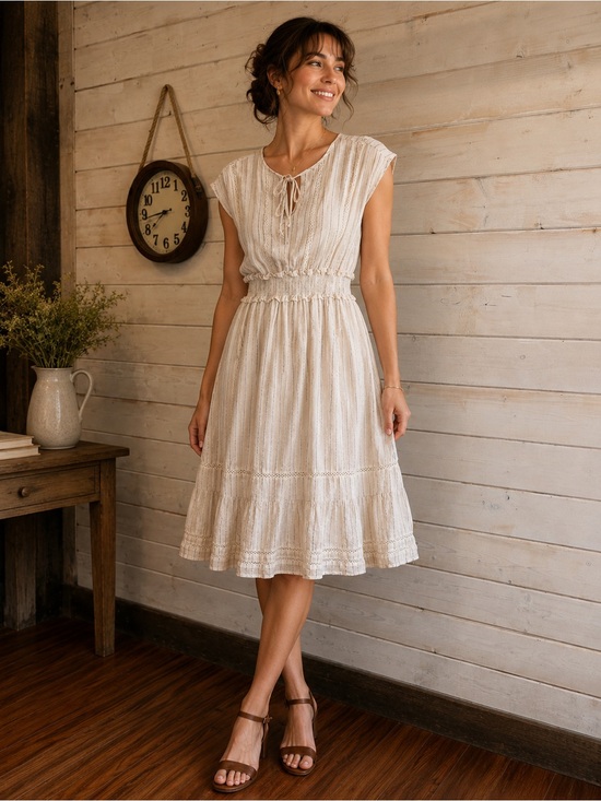 Black Tape_ Dresses & Skirts - Black Tape | Cream & Shiny Silver Striped Linen Blend Dress